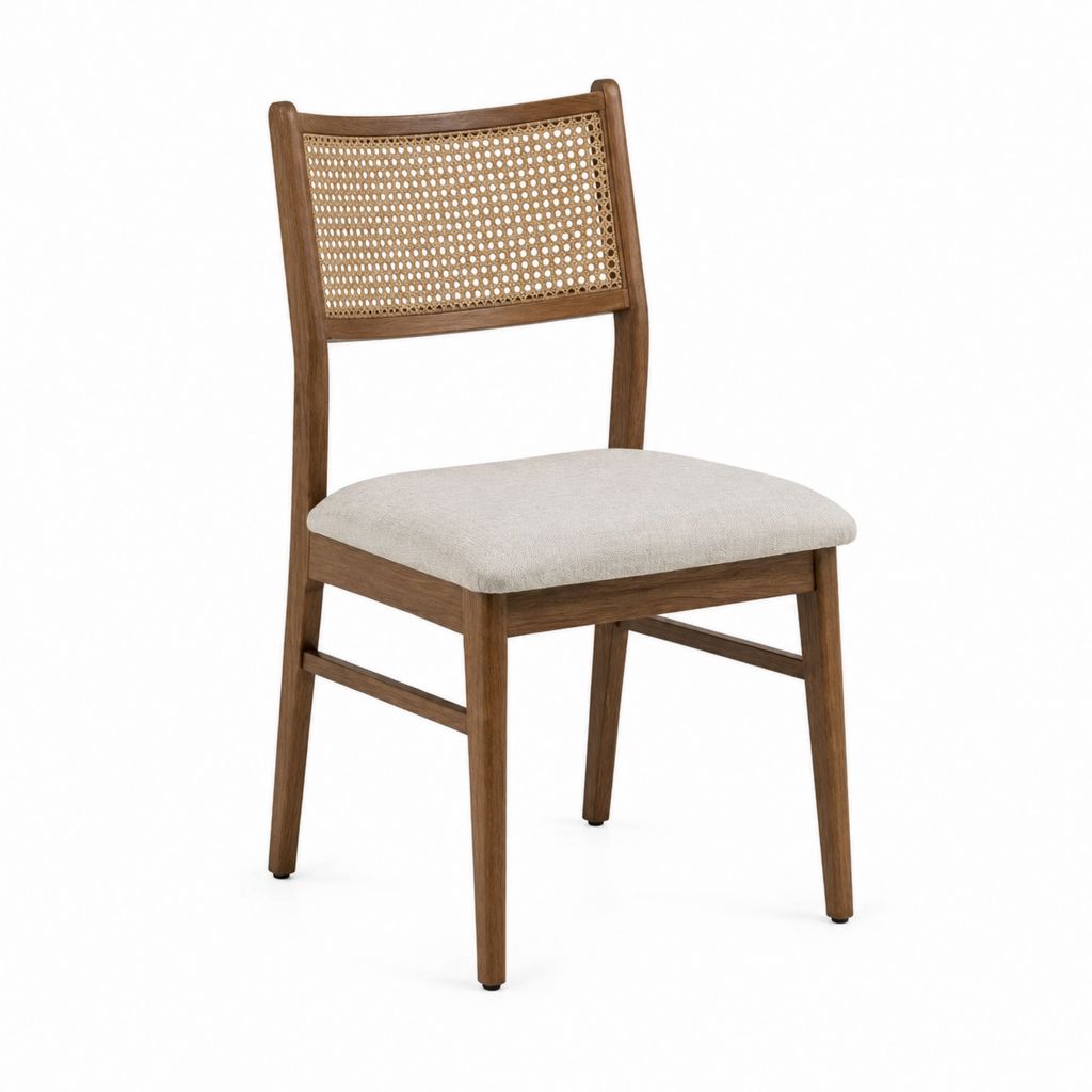 Chaise de salle à manger en bois massif brun avec dossier en rotin et assise en polyester beige 46 x 54 x 82 cm