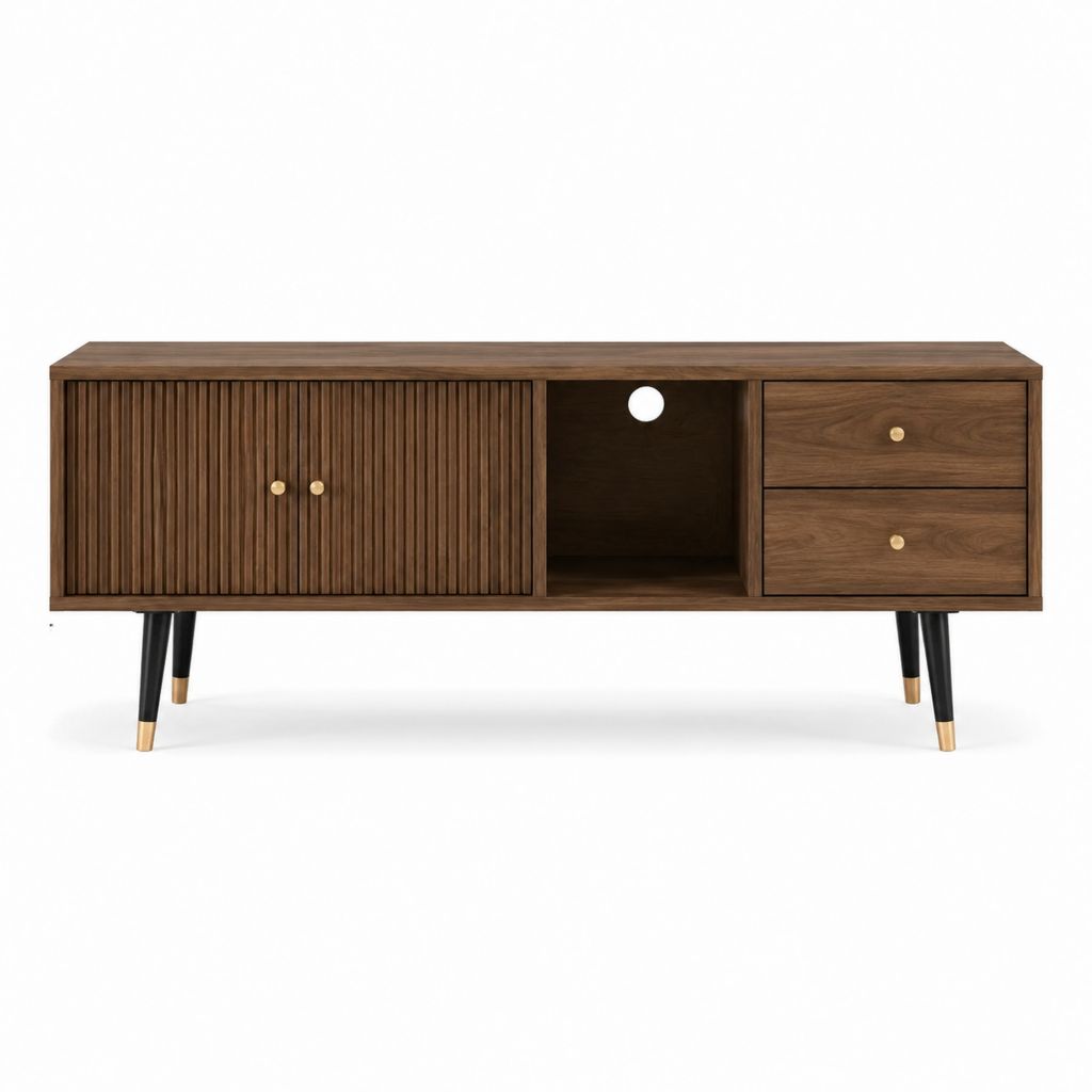 Meuble TV en MDF plaqué noyer marron avec 2 portes 2 tiroirs et niche ouverte 160 x 40 x 70 cm