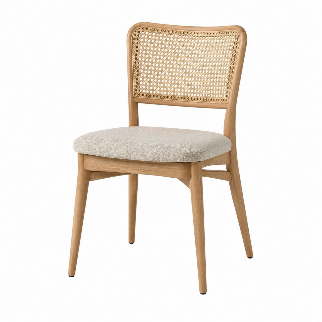Chaise de salle à manger beige en bois massif avec dossier en rotin 48 x 55 x 82 cm