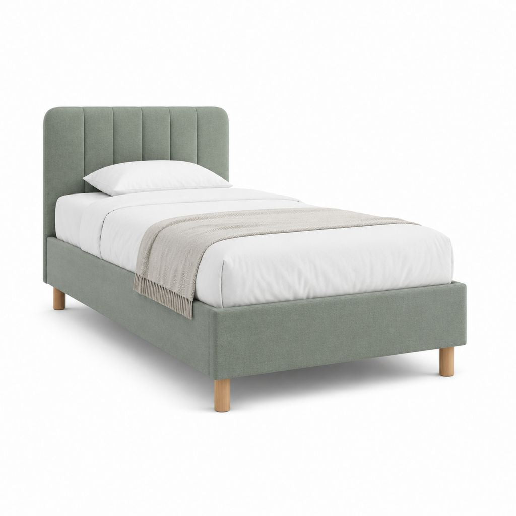 Lit simple à ressorts vert sauge en polyester avec pieds en hêtre 90 x 190 cm