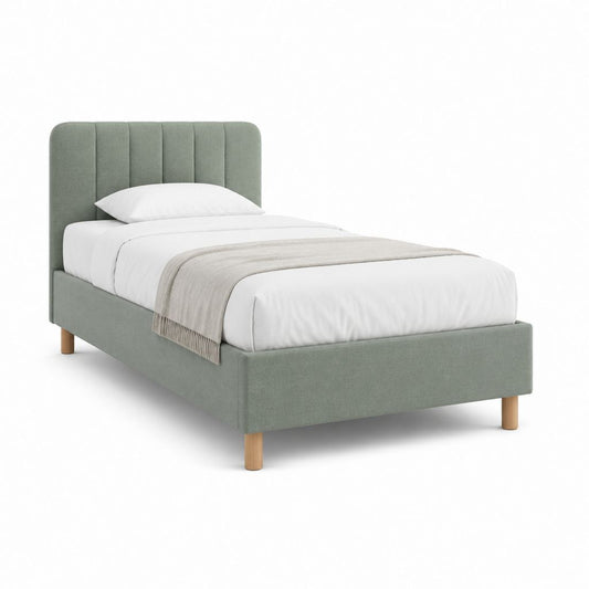 Lit simple à ressorts vert sauge en polyester avec pieds en hêtre 90 x 190 cm
