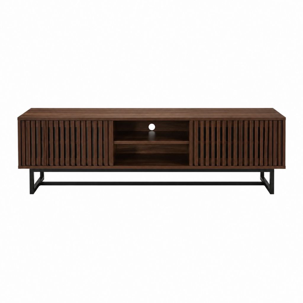 Meuble TV à portes coulissantes marron foncé en panneaux MDF et acier 180 x 40 x 60 cm