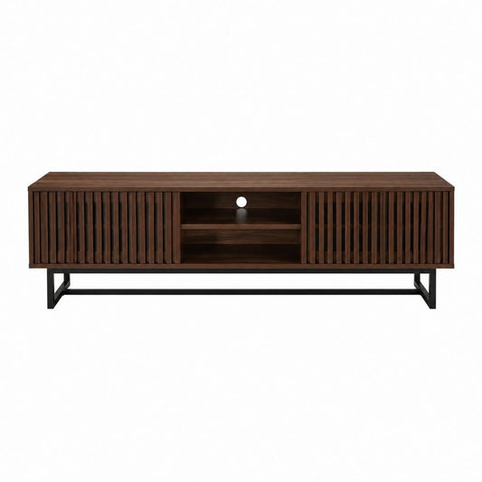 Meuble TV à portes coulissantes marron foncé en panneaux MDF et acier 180 x 40 x 60 cm