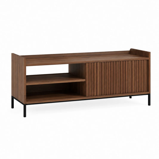 Meuble TV avec rangement noyer MDF et acier noir 140 x 40 x 75 cm