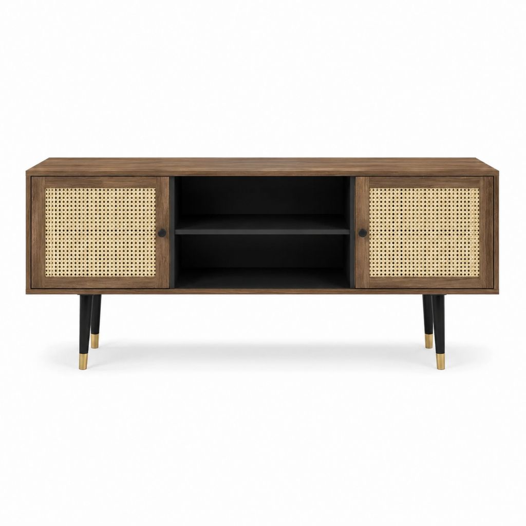 Meuble TV 2 portes brun noyer en panneaux MDF cannage de rotin 150 x 40 x 75 cm
