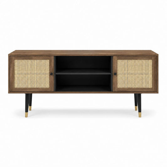Meuble TV 2 portes brun noyer en panneaux MDF cannage de rotin 150 x 40 x 75 cm