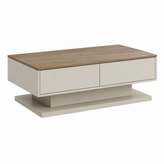 Table basse rectangulaire blanc cassé et chêne avec 2 tiroirs 110 x 60 x 40 cm