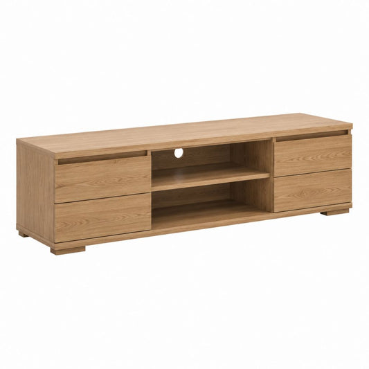 Meuble TV 180 cm chêne clair en panneaux de particules rectangulaire avec 4 tiroirs et 2 niches