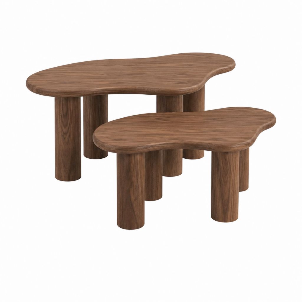 Lot de 2 tables basses gigognes noyer massif forme organique 120 x 70 x 45 cm et 100 x 60 x 35 cm