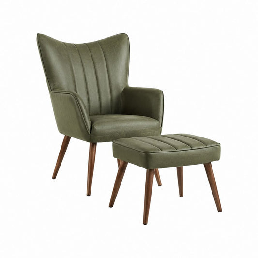 Fauteuil relax avec repose-pieds vert olive en cuir PU et pieds en bois d'hévéa 76 x 82 x 105 cm