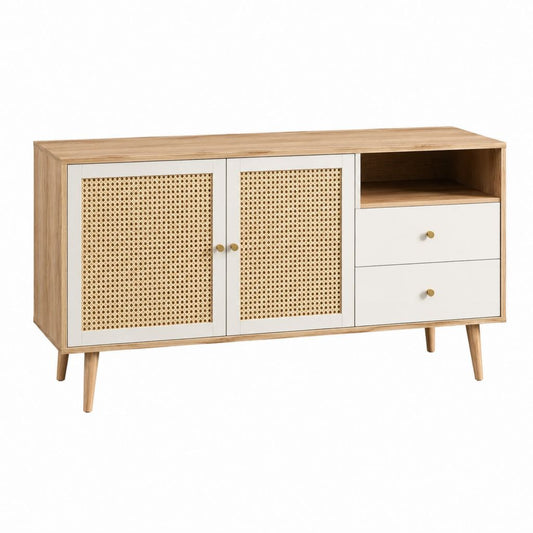 Meuble TV 120 x 40 x 75 cm beige et chêne en panneaux MDF avec portes en rotin