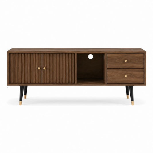 Meuble TV en MDF plaqué noyer marron avec 2 portes 2 tiroirs et niche ouverte 160 x 40 x 70 cm