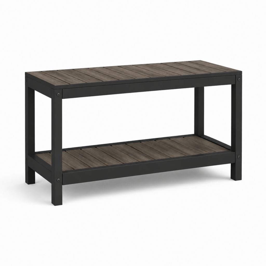 Table de rempotage de jardin à deux niveaux noir et gris en acier thermolaqué et composite bois-plastique rectangulaire 120 x 50 x 90 cm