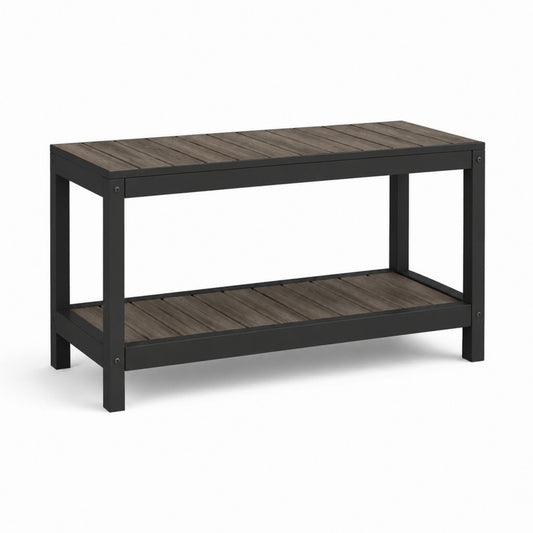 Table de rempotage de jardin à deux niveaux noir et gris en acier thermolaqué et composite bois-plastique rectangulaire 120 x 50 x 90 cm