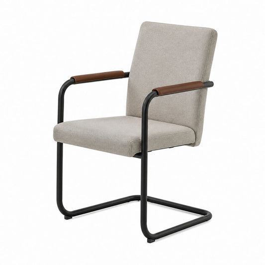Chaise de salle à manger à accoudoirs beige en polyester avec piètement traîneau en acier 56 x 62 x 96 cm