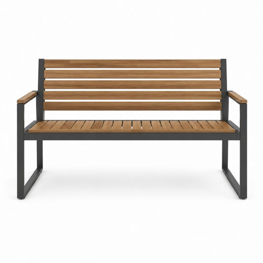 Banc de jardin 2 places marron et anthracite en acacia massif et acier 120 x 60 x 85 cm