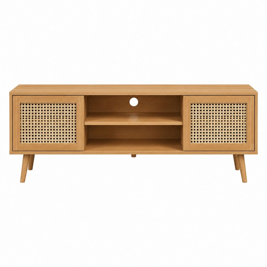 Meuble TV rectangulaire chêne et rotin 140 x 40 x 55 cm avec 2 portes et 2 étagères