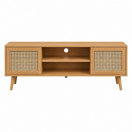 Meuble TV rectangulaire chêne et rotin 140 x 40 x 55 cm avec 2 portes et 2 étagères