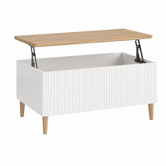 Table basse relevable avec rangement blanche et décor chêne 100 x 50 x 45 cm