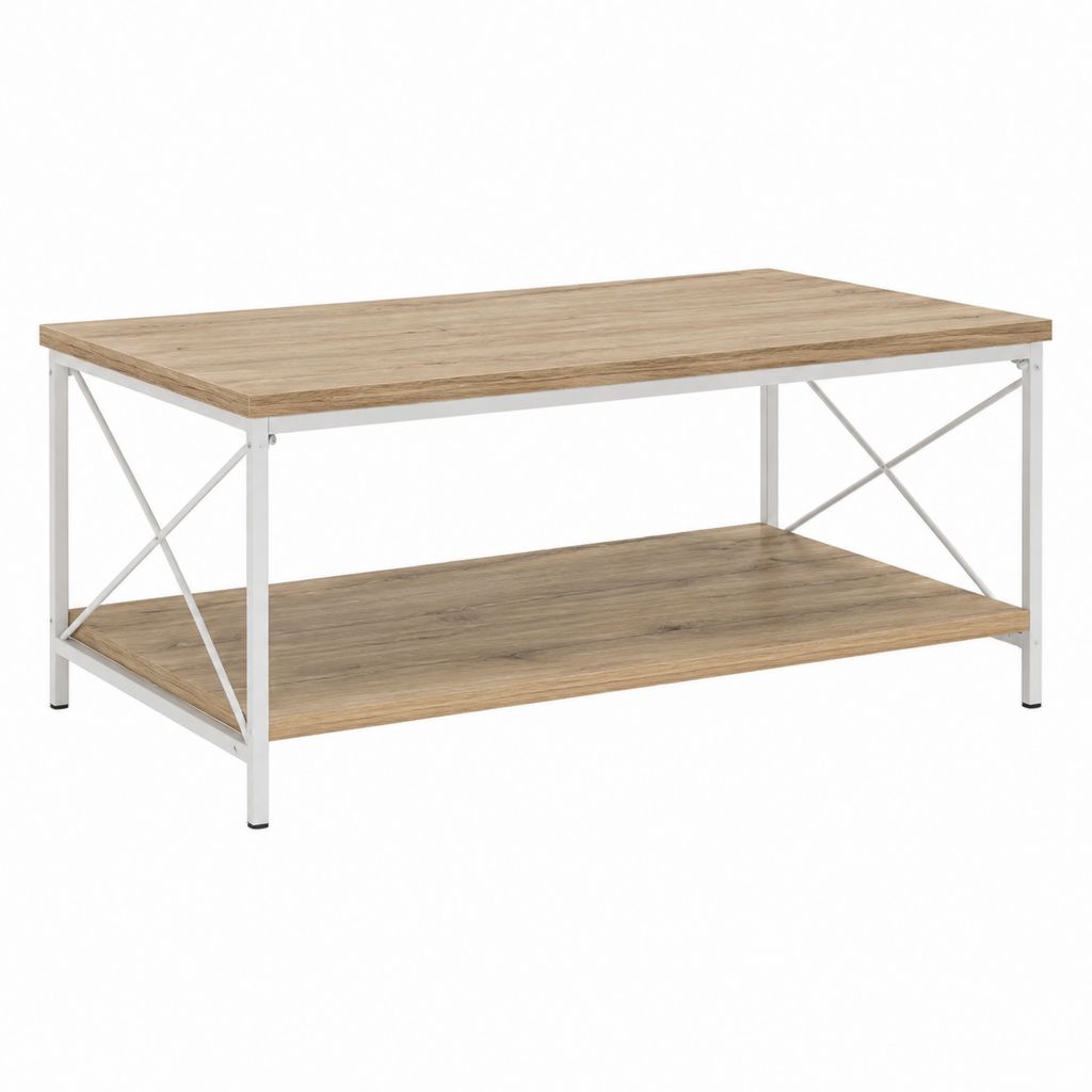 Table basse rectangulaire chêne clair et blanc en panneaux de particules et acier 100 x 60 x 45 cm