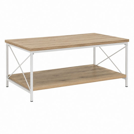 Table basse rectangulaire chêne clair et blanc en panneaux de particules et acier 100 x 60 x 45 cm