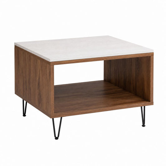 Table basse carrée noyer et blanc effet marbre en MDF 60 x 60 x 45 cm avec rangement ouvert